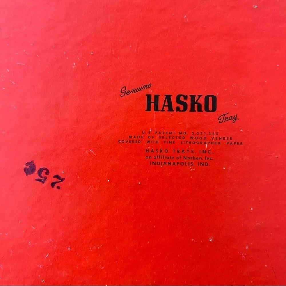 Vintage Hasko wood veneer lap trays red Asian scene MCM 50s set of 3